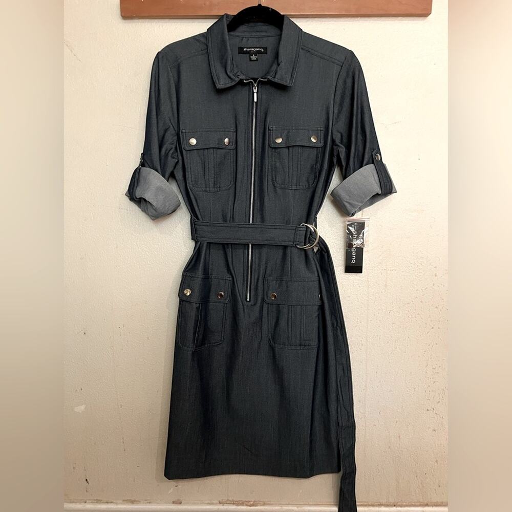 NWT Sharagano Stretch Navy Denim Style Midi Dress Size 8