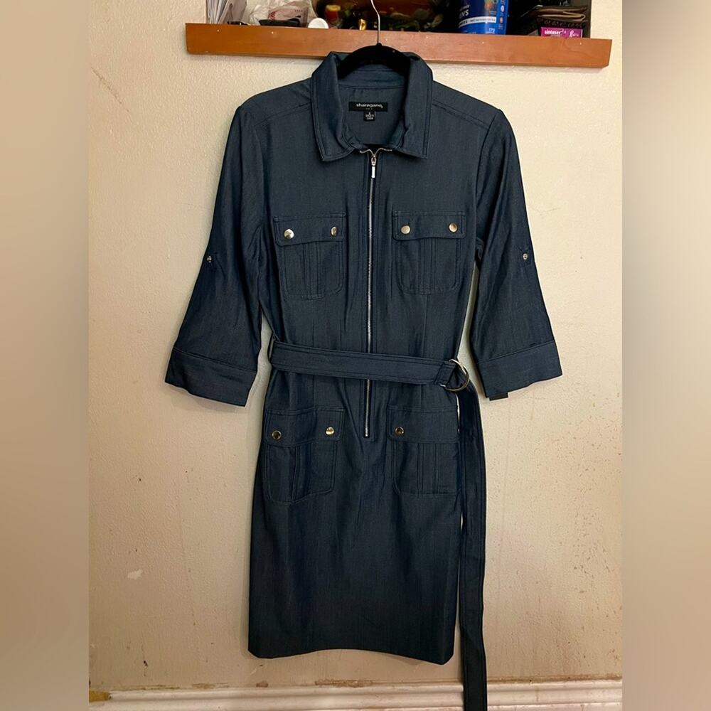 NWT Sharagano Stretch Navy Denim Style Midi Dress Size 8