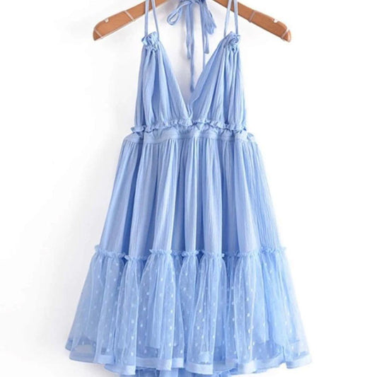 WOMENS dobby mesh self tie ruffle powder blue halter dress size 8-10
