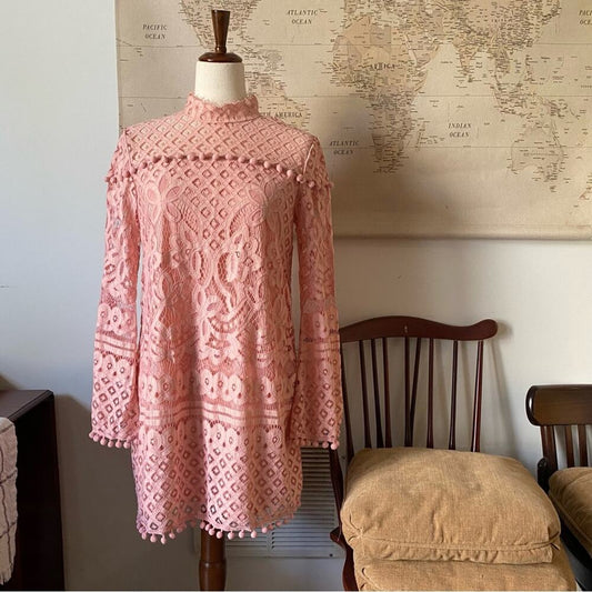 NWOT Pink Glam Cocktail Crochet Pom Pom Punk Dress, Lined, M