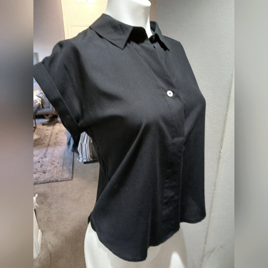 Women’s A New Day Short Sleeve Mixed Media Popover Top Ebony XS