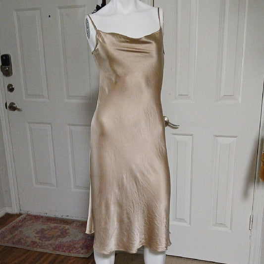 100% Silk Gold Cowl Neck Slip Dress Midi Size S