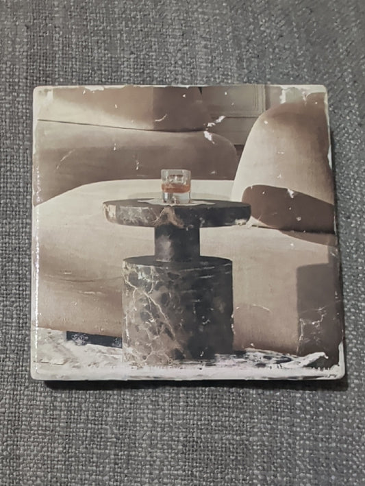 Neutral Living Room Art Tile Coaster with Marble Accent Table Handcrafted