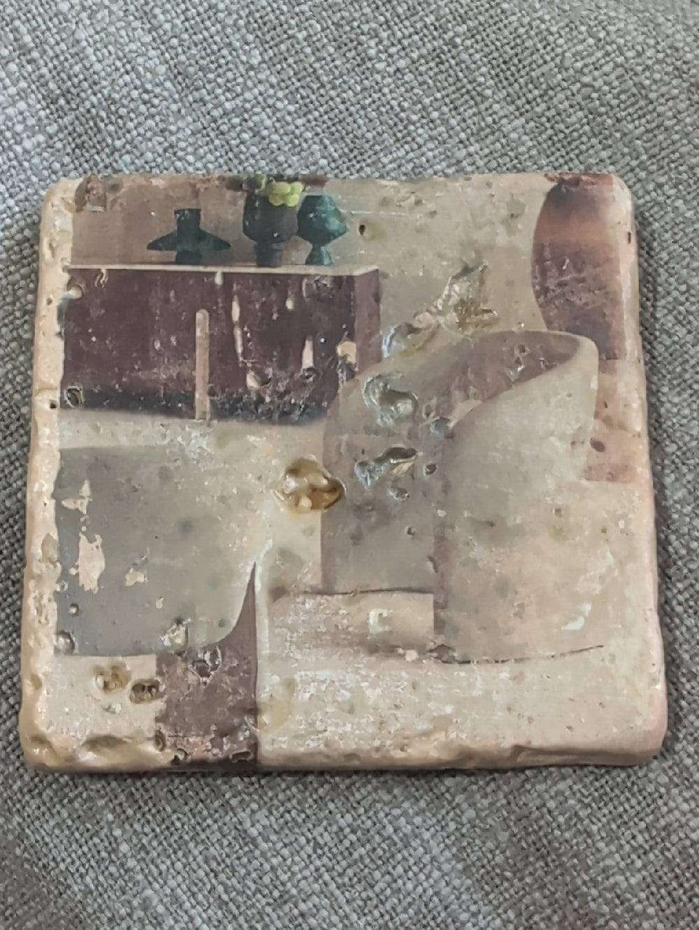 Home Art Distressed Beige Decorative Stone Coaster - Handcrafted