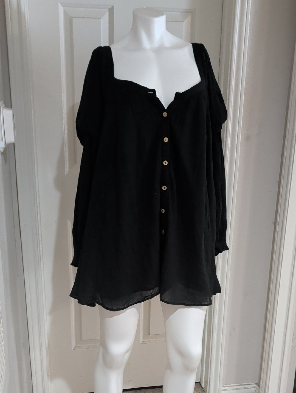 Free People Black Button-Front Peasant Dress Women's Medium