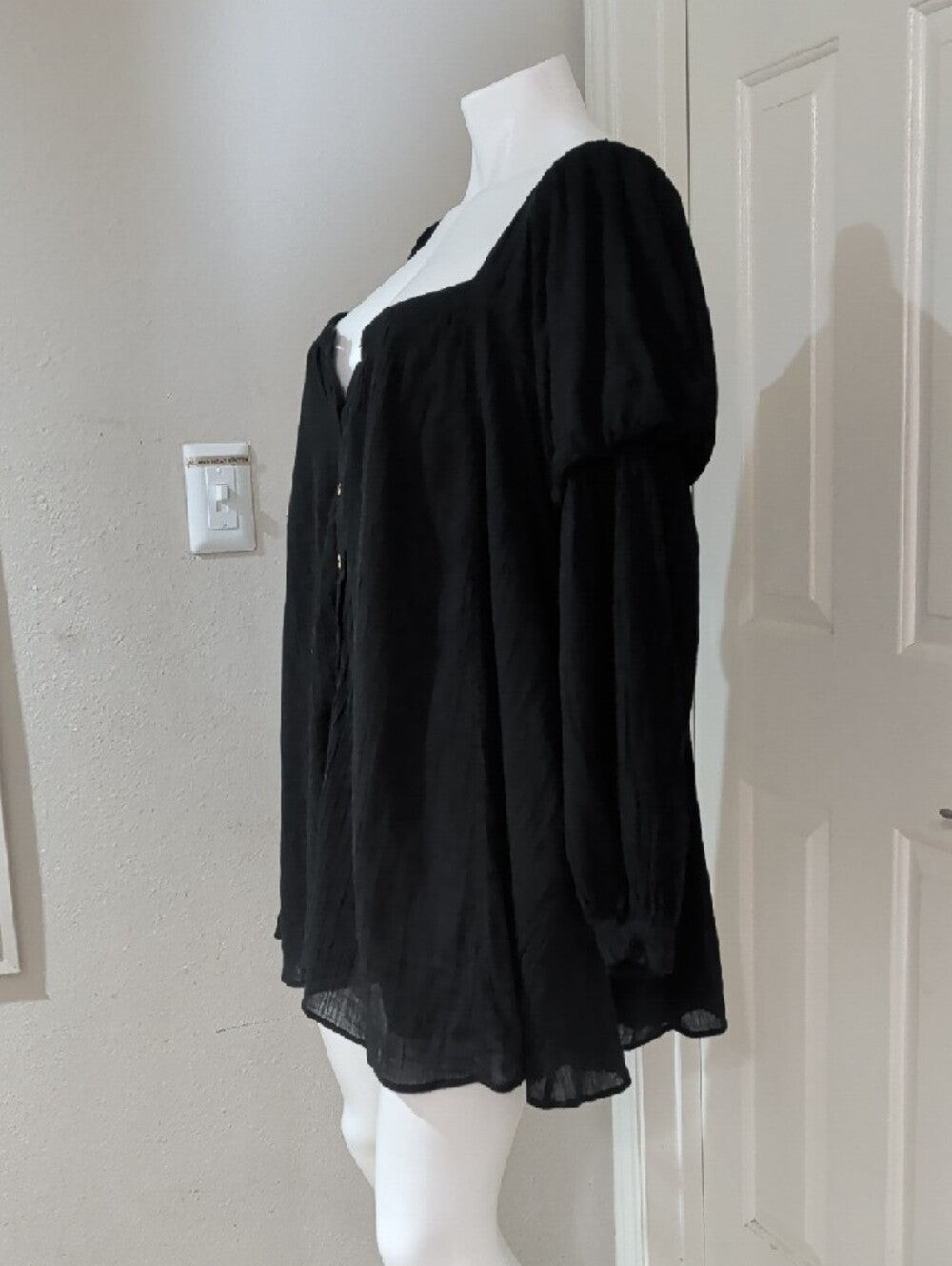 Free People Black Button-Front Peasant Dress Women's Medium