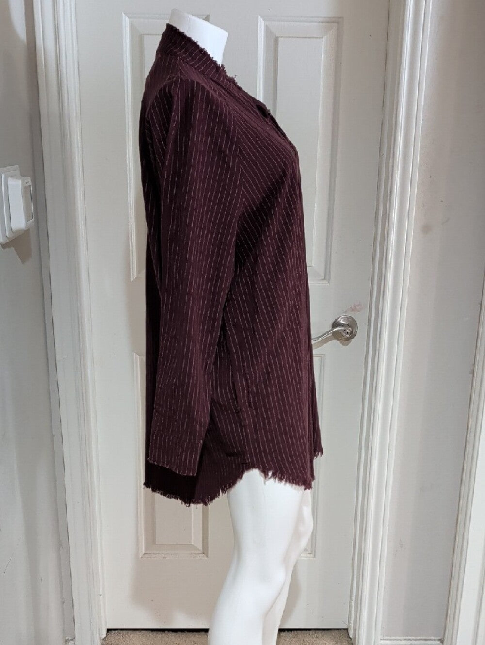 Paintcolors Frayed Hem Button-Up Tunic Mini Dress in Deep Wine Women's Large