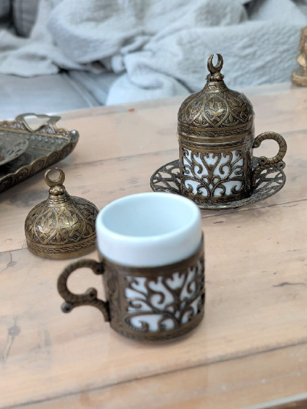 Ornate Antique-Style Brass Turkish Coffee Cup Set with Tray