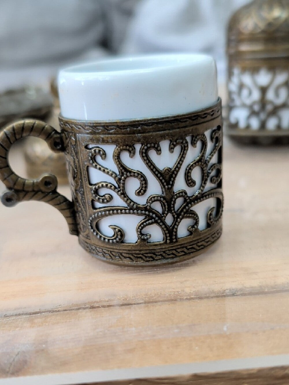 Ornate Antique-Style Brass Turkish Coffee Cup Set with Tray