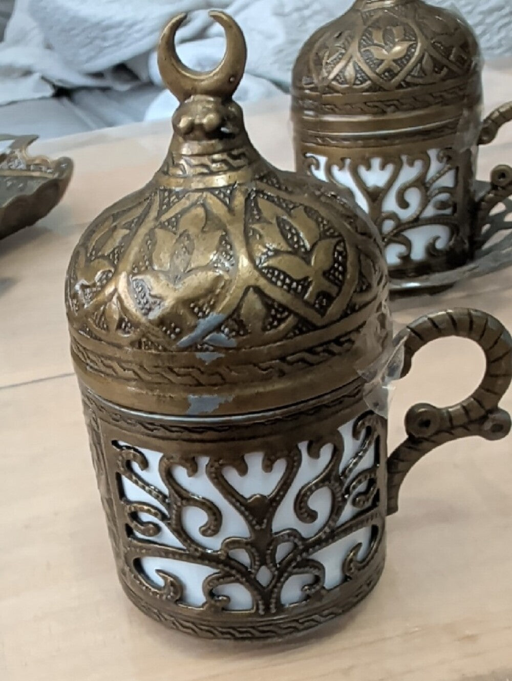 Ornate Antique-Style Brass Turkish Coffee Cup Set with Tray