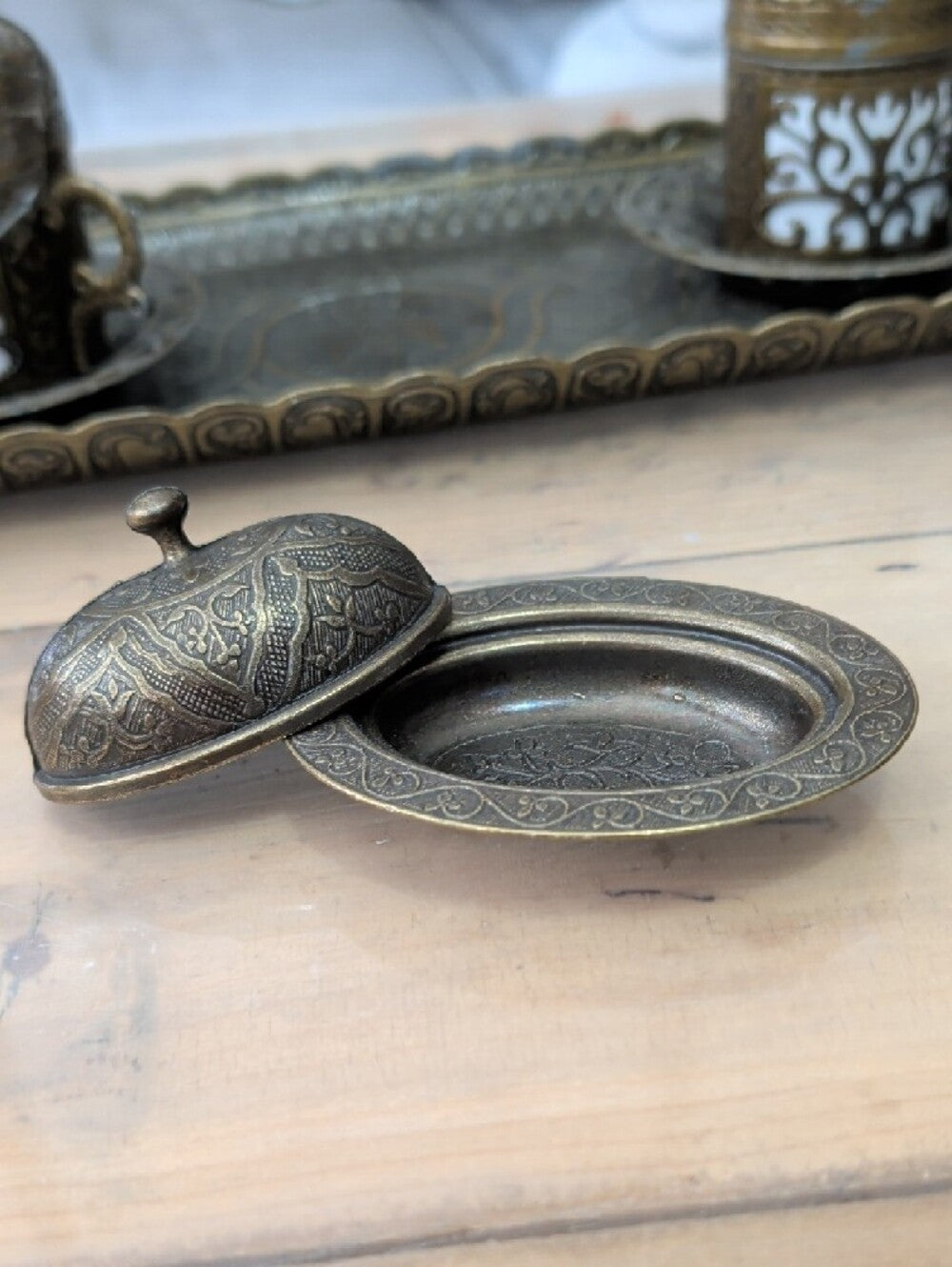 Ornate Antique-Style Brass Turkish Coffee Cup Set with Tray