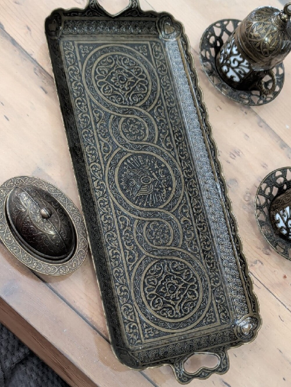 Ornate Antique-Style Brass Turkish Coffee Cup Set with Tray