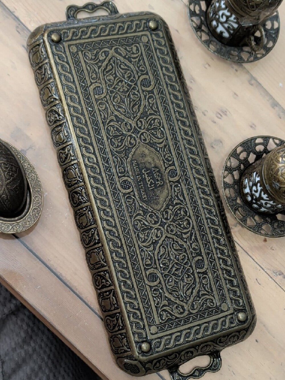 Ornate Antique-Style Brass Turkish Coffee Cup Set with Tray