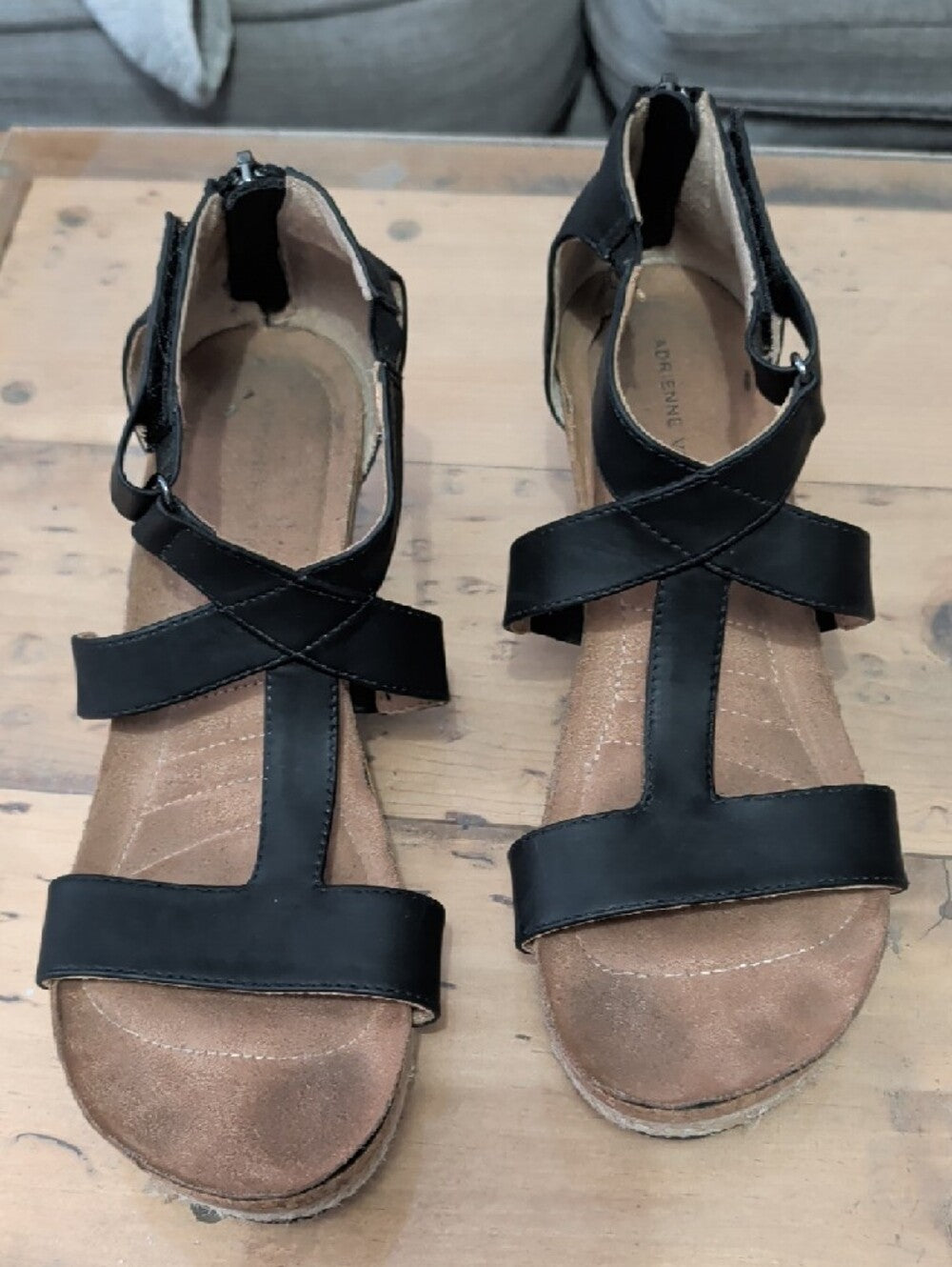 Adrienne Vittadini Black Leather Strappy Wedge Sandals Women's 8.5/9