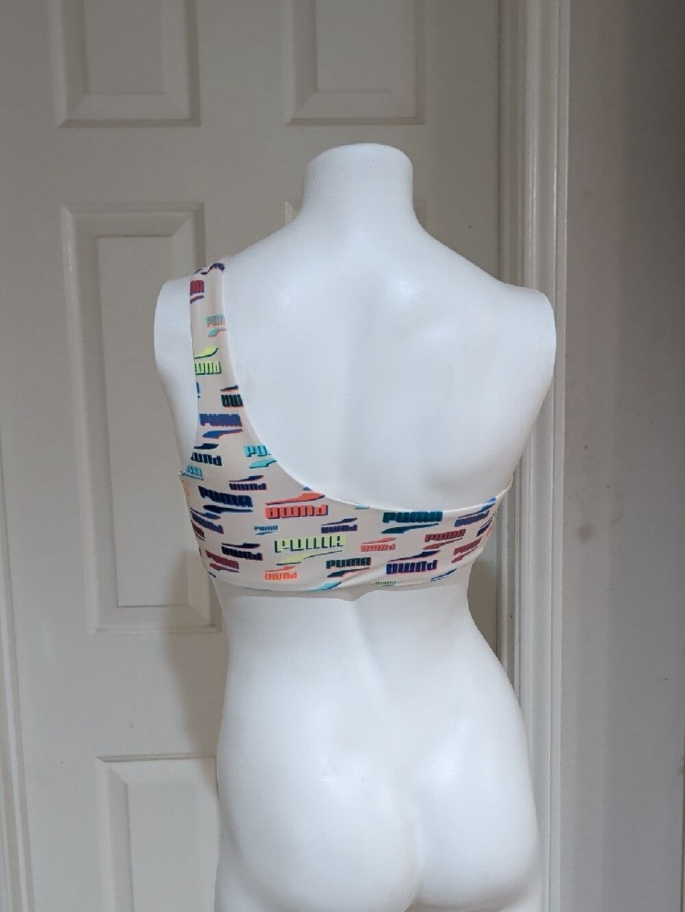Puma One-Shoulder Sports Bra in Cream with Multicolor Logo Print Women's Medium