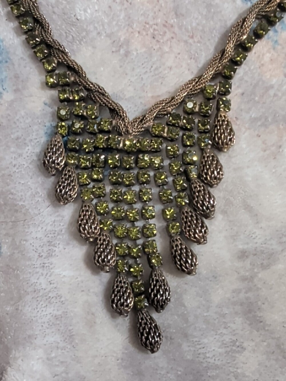 Vintage Olive Green Crystal Statement Necklace Set 17"