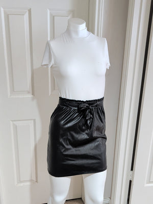 Retro Derek Heart Black Faux Leather Paperbag Mini Skirt with Tie Y2K Women's S
