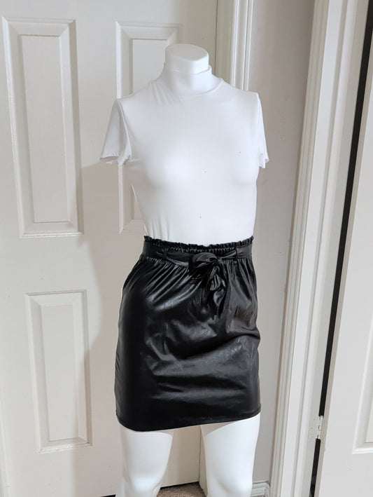 Retro Derek Heart Black Faux Leather Paperbag Mini Skirt with Tie Y2K Women's S