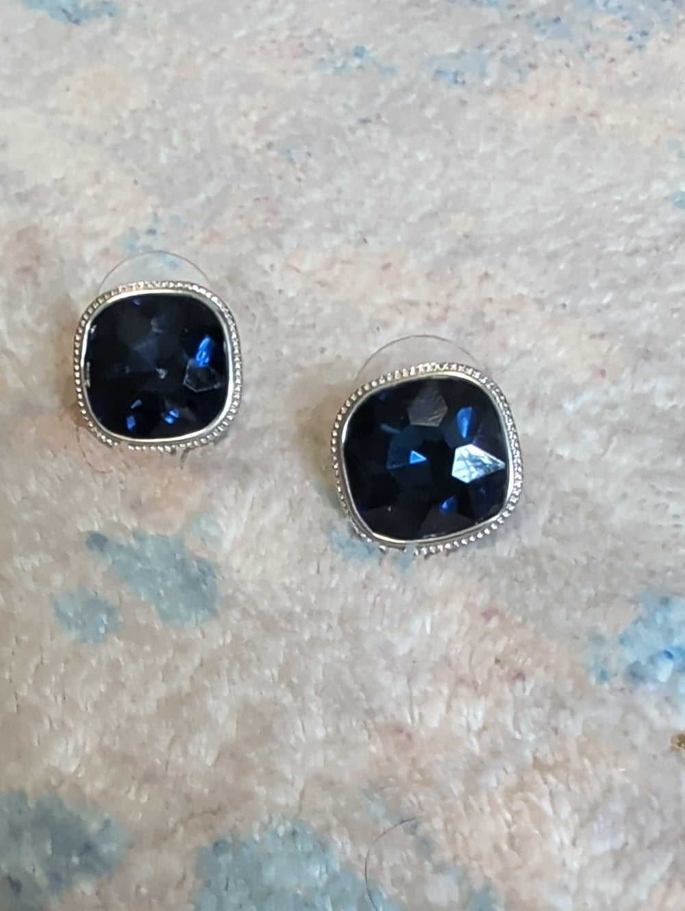 MCM Classic Crown Trifari Blue Cushion-Cut Stud Earrings Retro Costume Jewelry