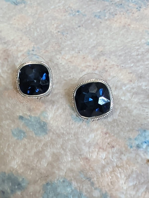 MCM Classic Crown Trifari Blue Cushion-Cut Stud Earrings Retro Costume Jewelry