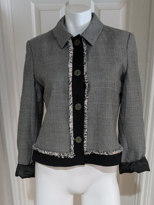 Vintage 1980's Harve Benard Black, White, & Pink 100% Wool Cropped Blazer Women's 10