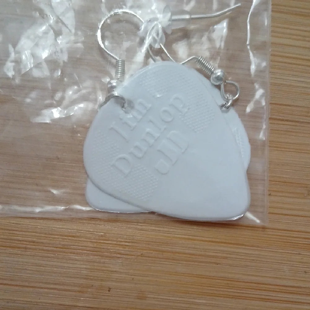 White Dunlop Guitar Pick Earrings Handmade