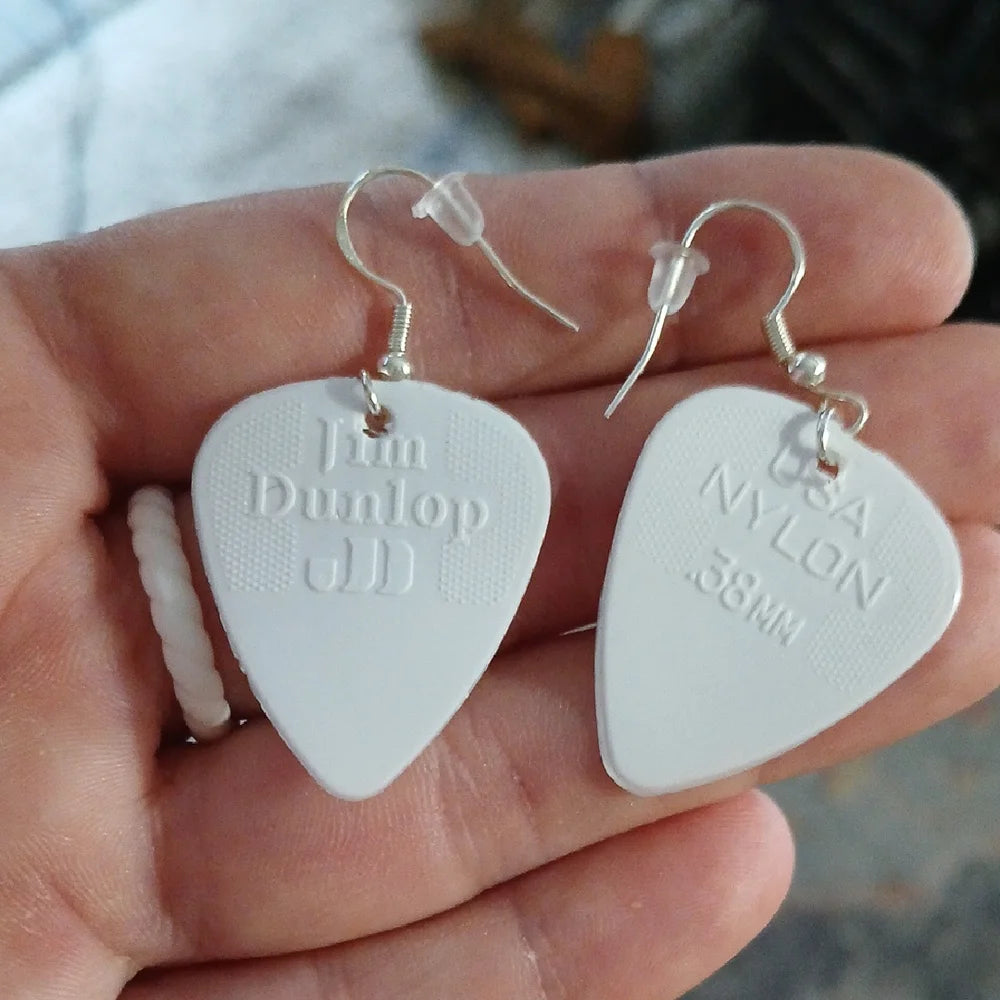 White Dunlop Guitar Pick Earrings Handmade