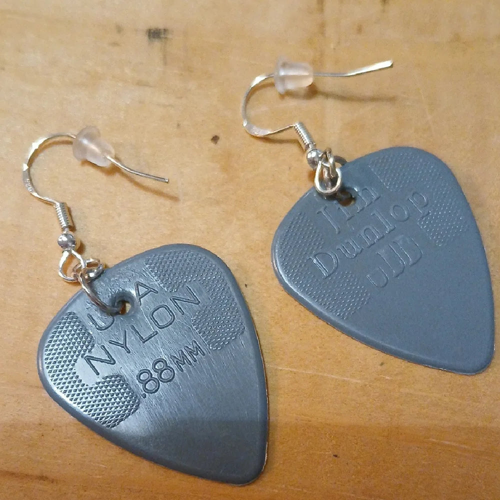 Dark Grey Dunlop Guitar Pick Earrings Handmade