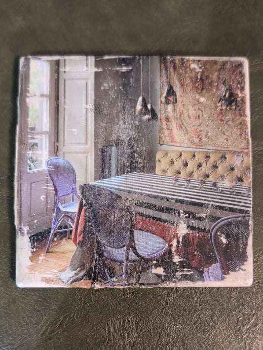 Vintage Dining Room Art Tile Coaster with Purple Chairs MCM Handcrafted