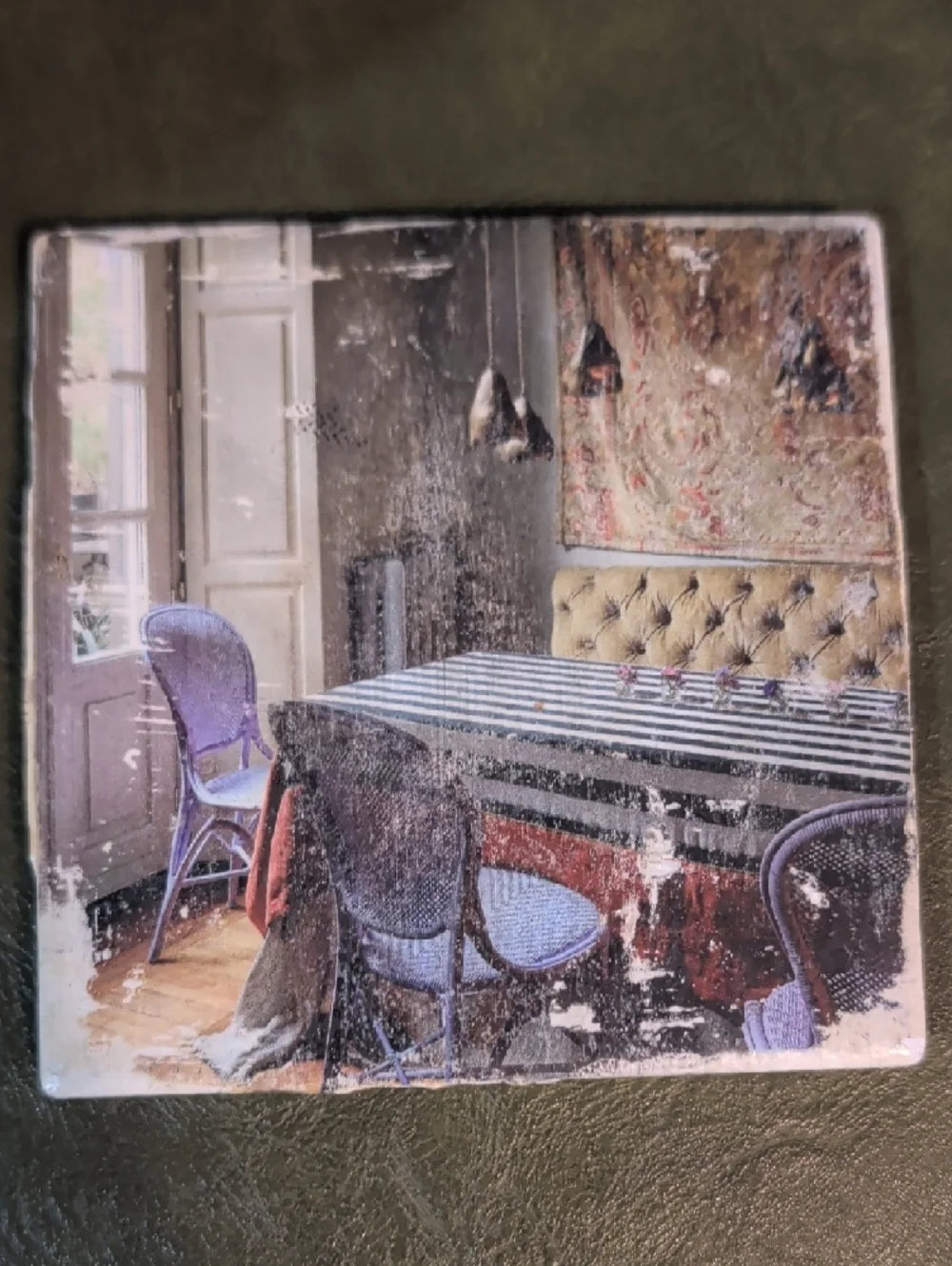 Vintage Dining Room Art Tile Coaster with Purple Chairs MCM Handcrafted