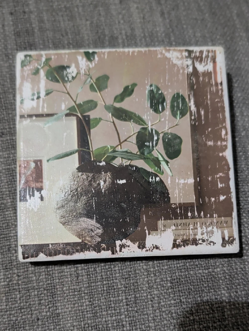 Vintage Botanical Art Tile Coaster-Green Plant on Neutral Background Handcrafted