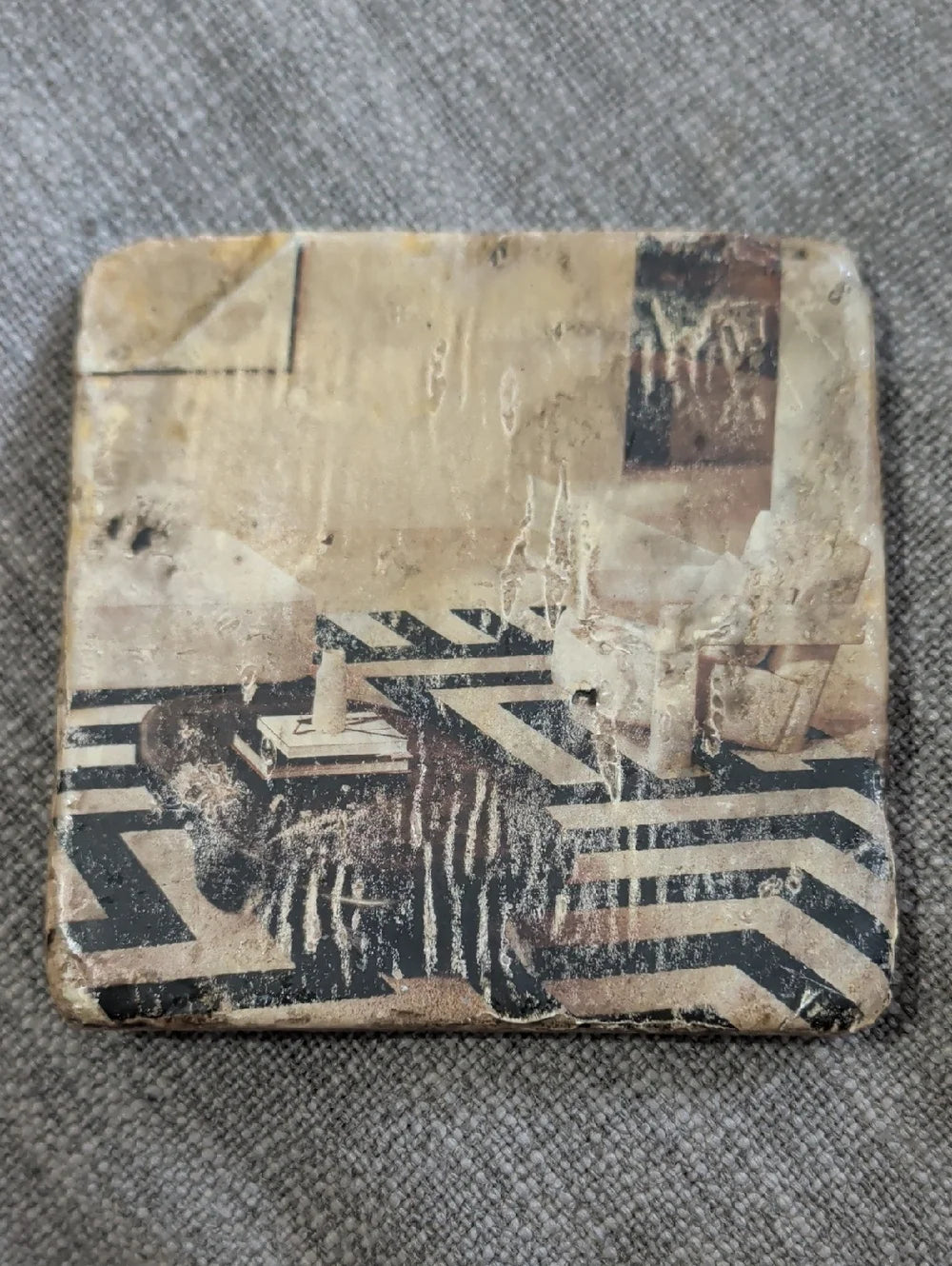 Vintage-Inspired Beige and Black Geometric Home Art Stone Coaster - Handcrafted