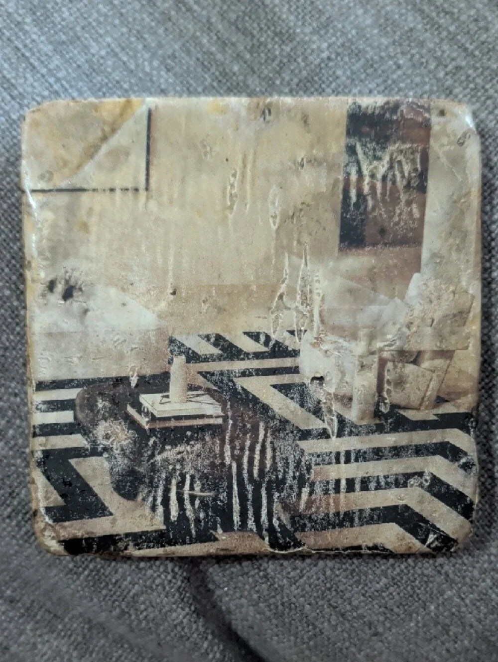 Vintage-Inspired Beige and Black Geometric Home Art Stone Coaster - Handcrafted