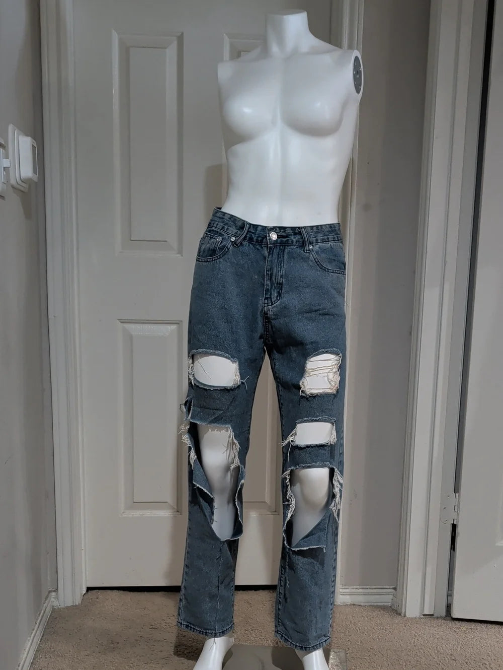 Unbranded Women's Straight Ripped Jeans in Washed Blue Small