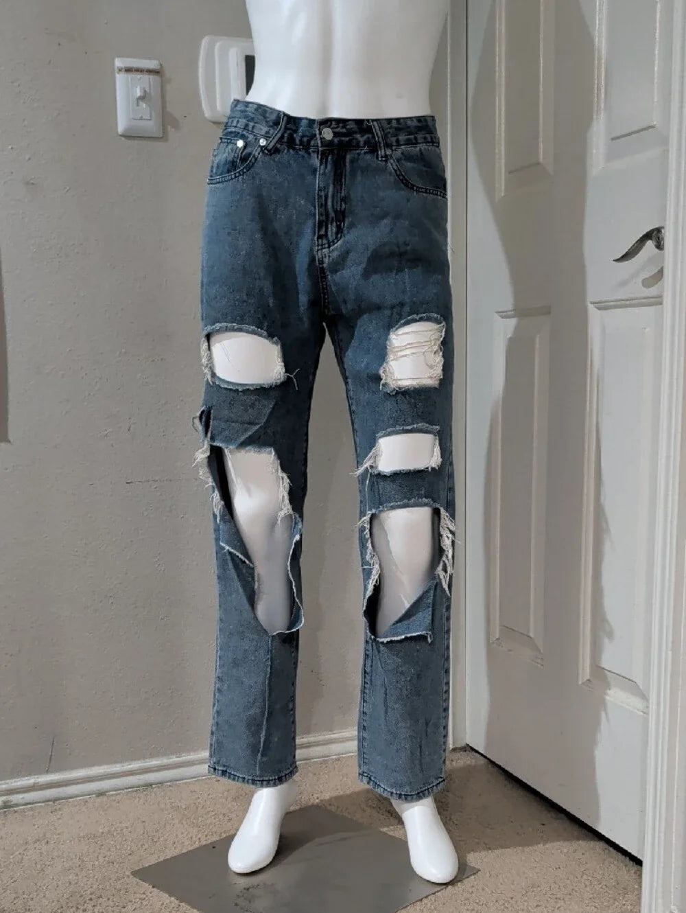 Unbranded Women's Straight Ripped Jeans in Washed Blue Small