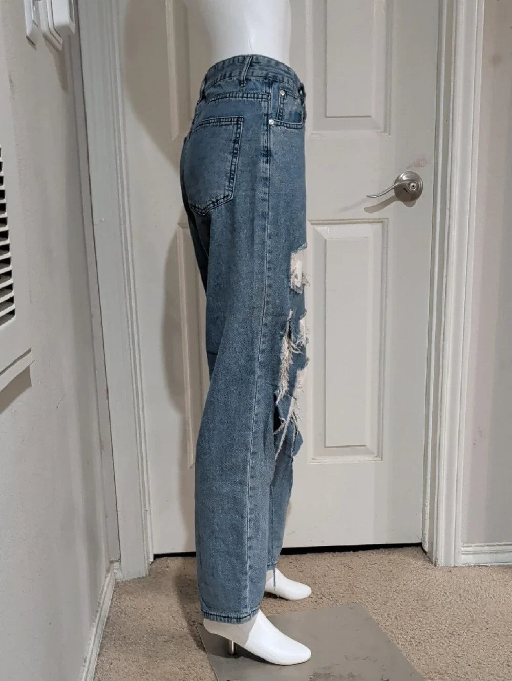 Unbranded Women's Straight Ripped Jeans in Washed Blue Small