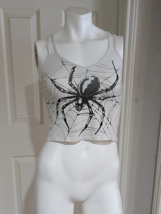 Y2K ROMWE White Cropped Tank with Black Spider Graphic Women's Small Retro