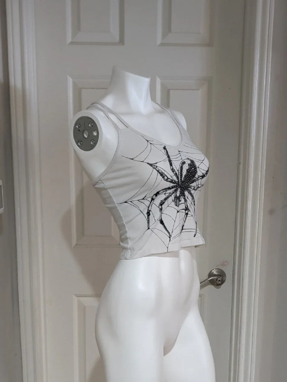 Y2K ROMWE White Cropped Tank with Black Spider Graphic Women's Small Retro