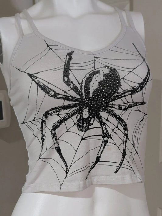 Y2K ROMWE White Cropped Tank with Black Spider Graphic Women's Small Retro