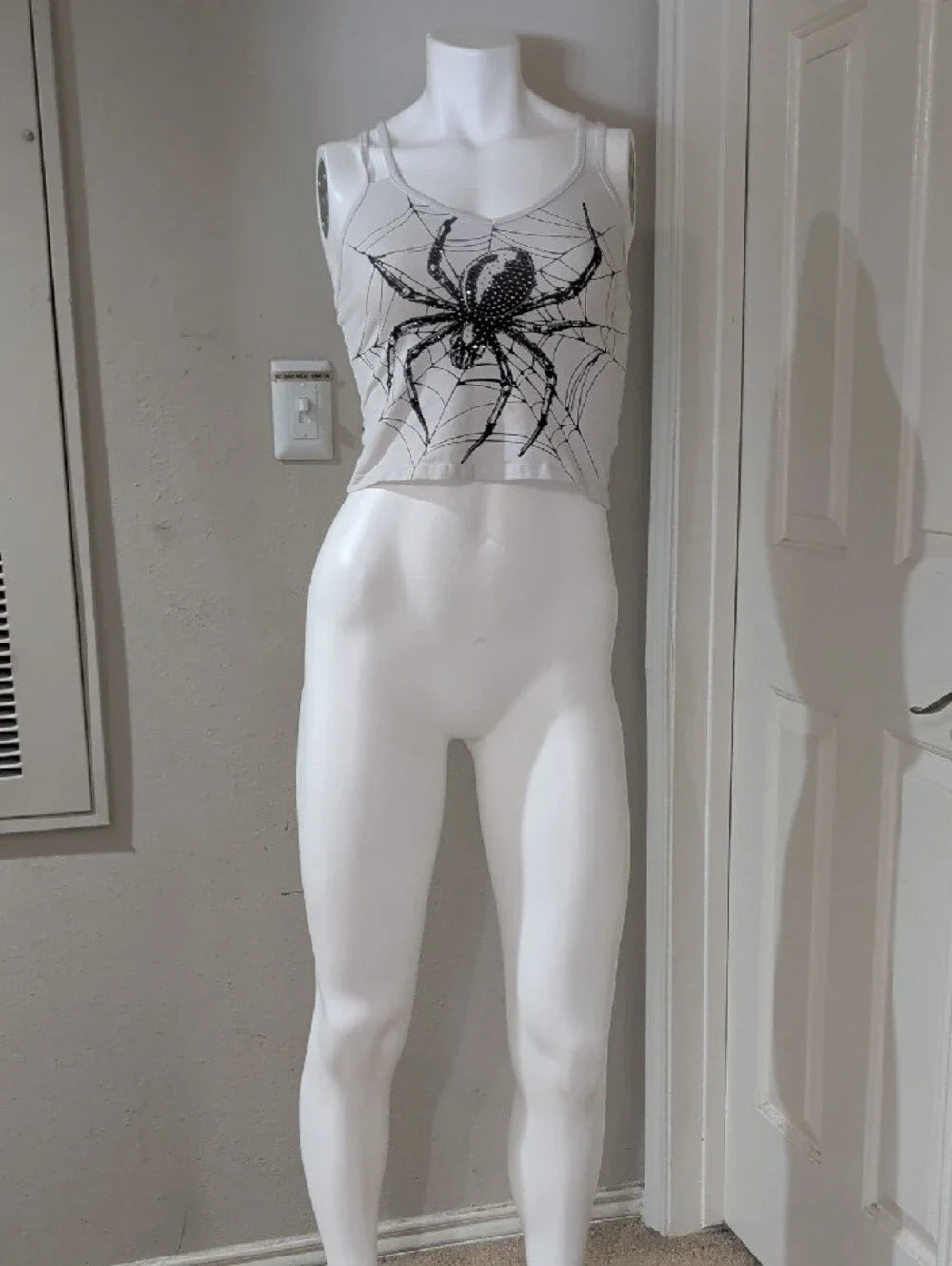 Y2K ROMWE White Cropped Tank with Black Spider Graphic Women's Small Retro