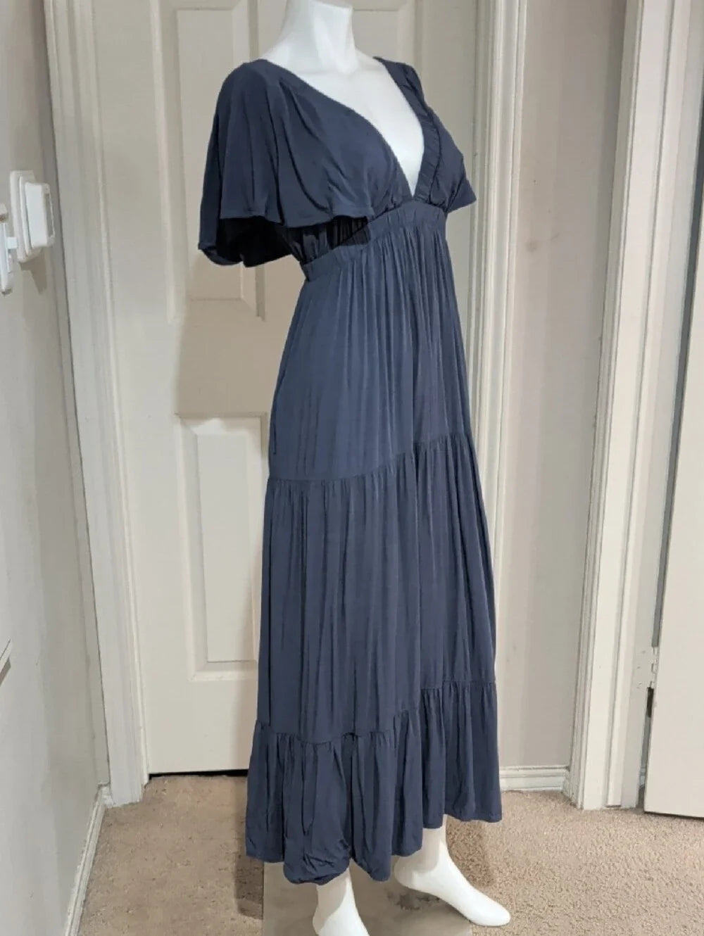 Wishlist Apparel Women's Deep V Tiered Maxi Dress in Slate Blue Medium