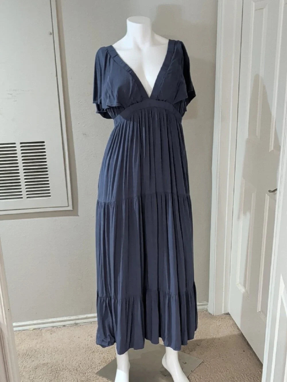 Wishlist Apparel Women's Deep V Tiered Maxi Dress in Slate Blue Medium