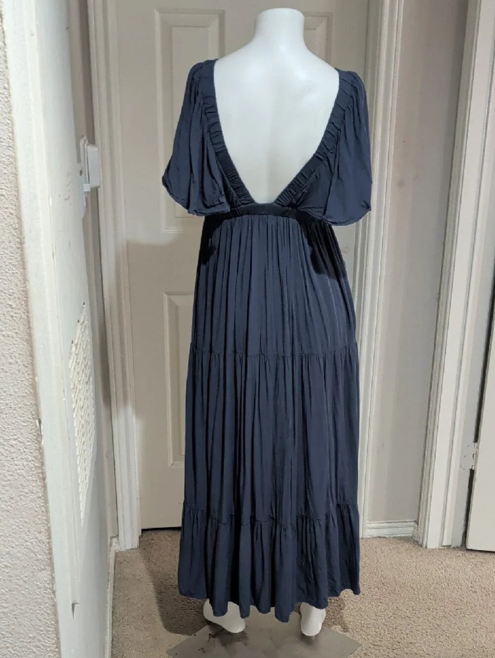 Wishlist Apparel Women's Deep V Tiered Maxi Dress in Slate Blue Medium
