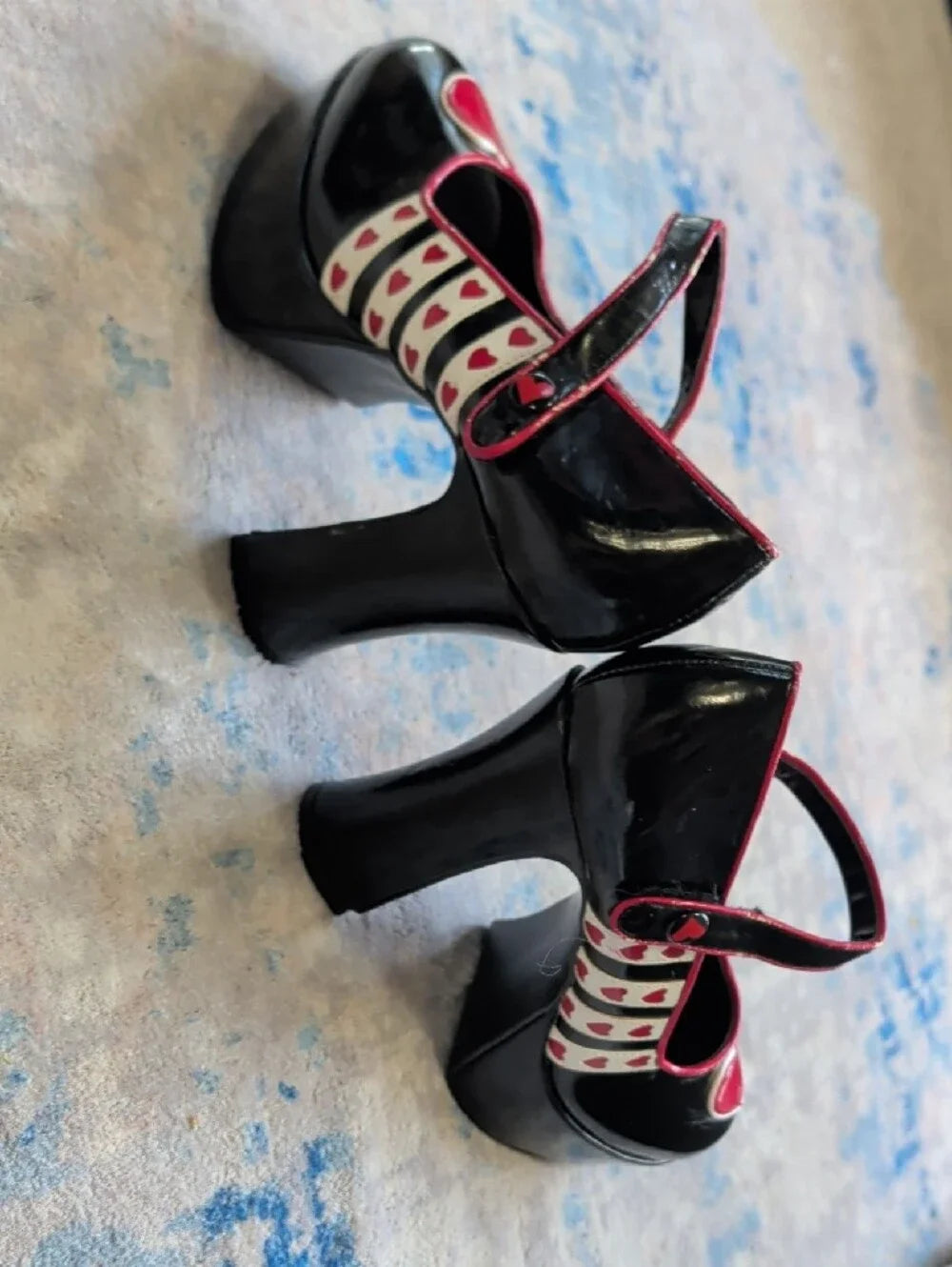 Funtasma Black and Pink Heart Mary Jane Queen Platform Heels Women's 7