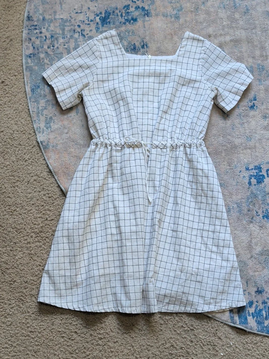 Roolee Kids White Grid Short Sleeve Drawstring Waist Dress Girls 11-12T/Large