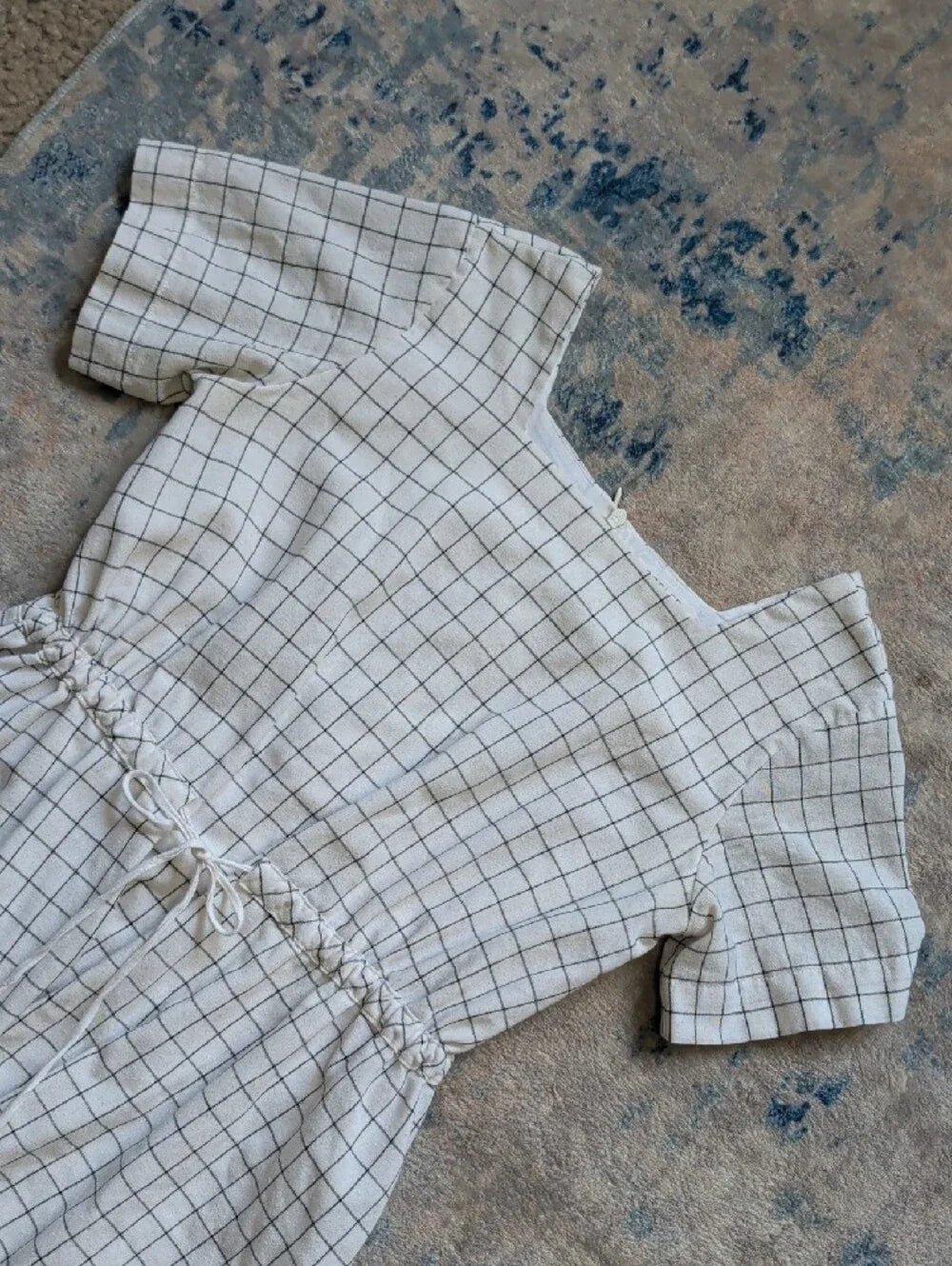 Roolee Kids White Grid Short Sleeve Drawstring Waist Dress Girls 11-12T/Large