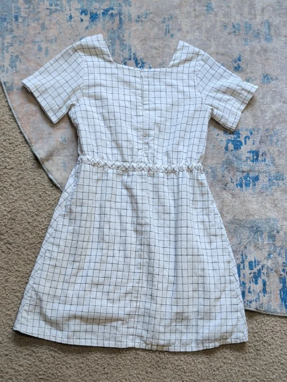 Roolee Kids White Grid Short Sleeve Drawstring Waist Dress Girls 11-12T/Large