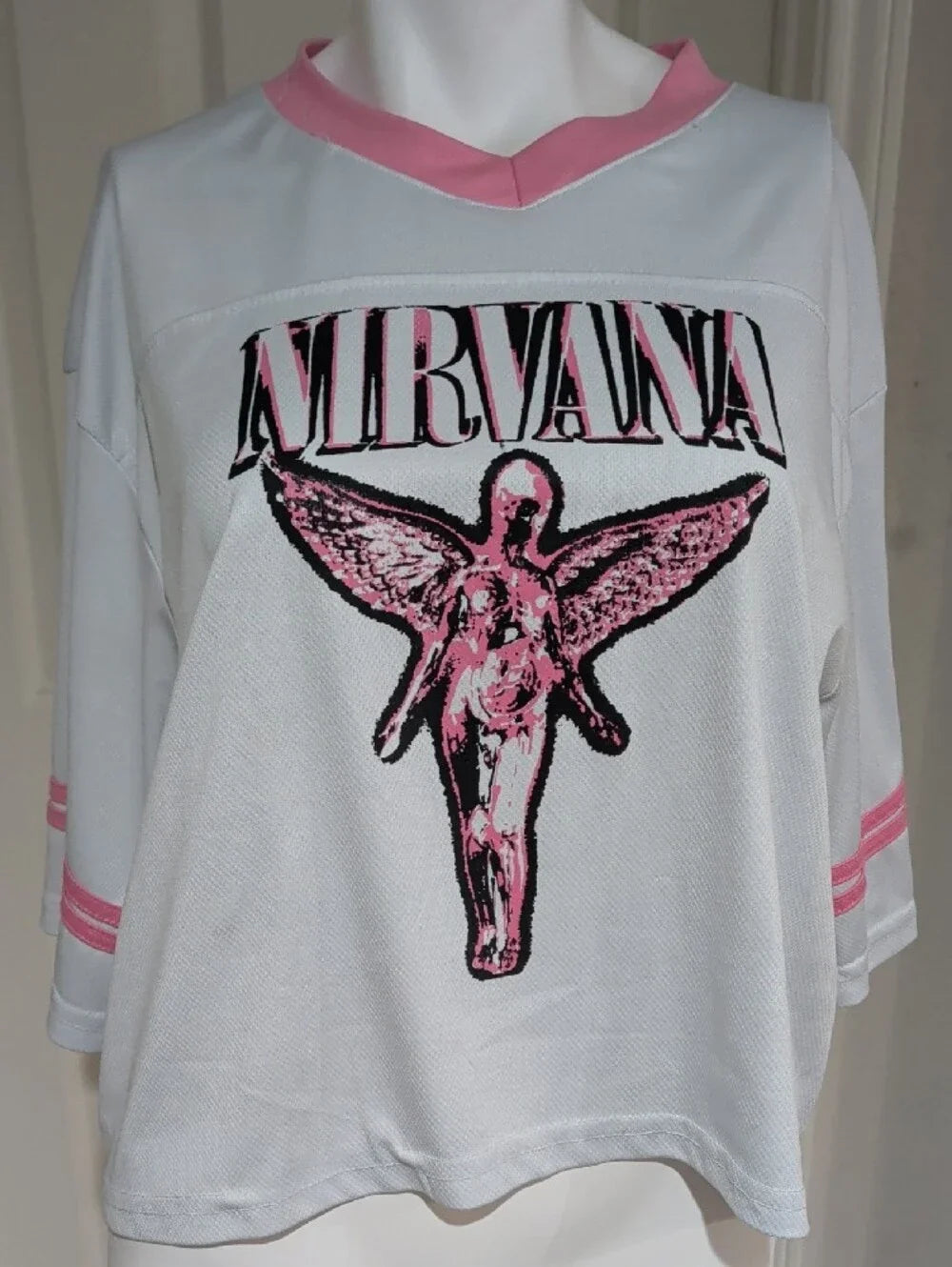 NIRVANA White Cropped Tee with Pink Graphic and Trim Women's XL