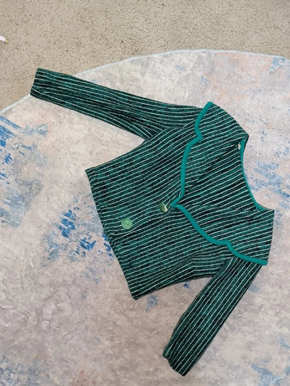 VTG 1960s Green Striped Off-the-Shoulder Cropped Sweater W/ Contrast Trim Sz 10