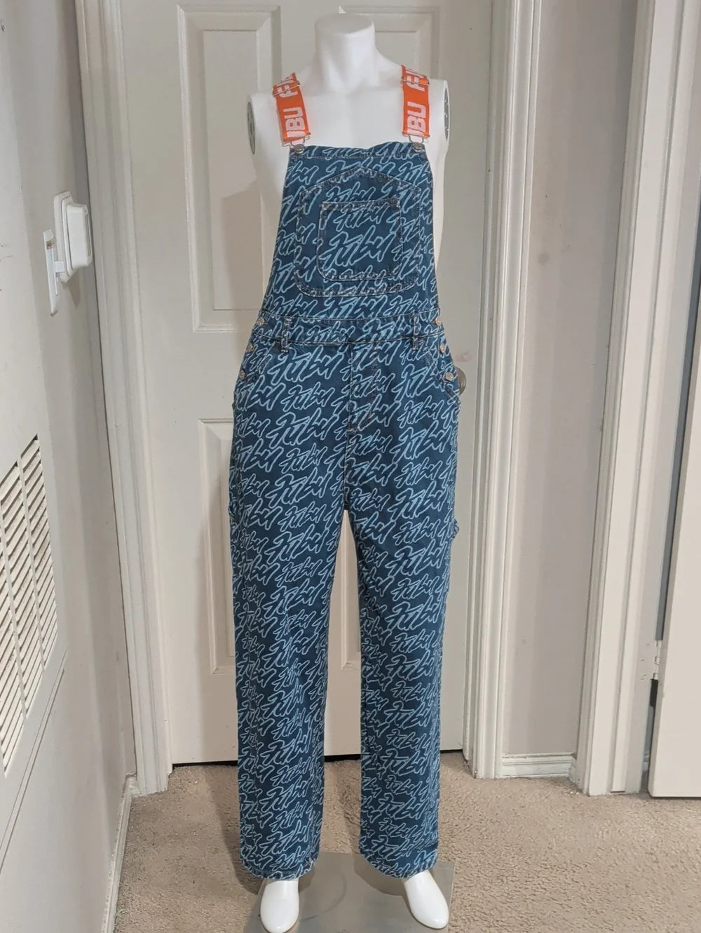 FUBU Blue Script-Print Denim Overalls with Orange Logo Straps Women's Small Y2K